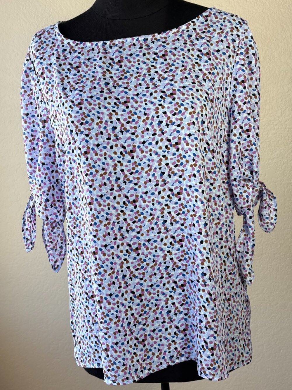 Ann Taylor Factory Abstract Print Tie Sleeve Blouse M Lilac Blue Short Sleeve